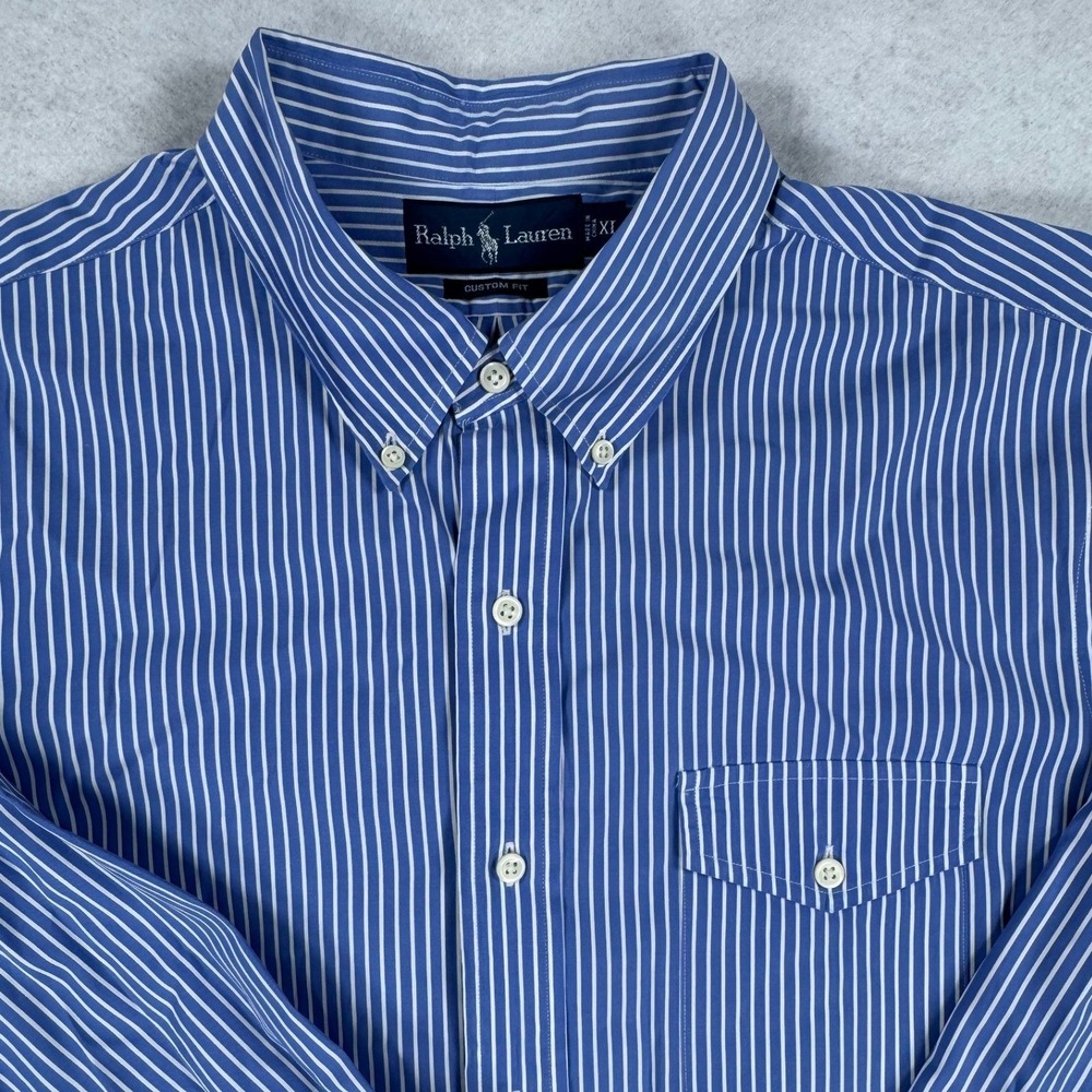 Ralph Lauren Custom Fit Mens XL Blue White Striped Button Down Shirt Long Sleeve